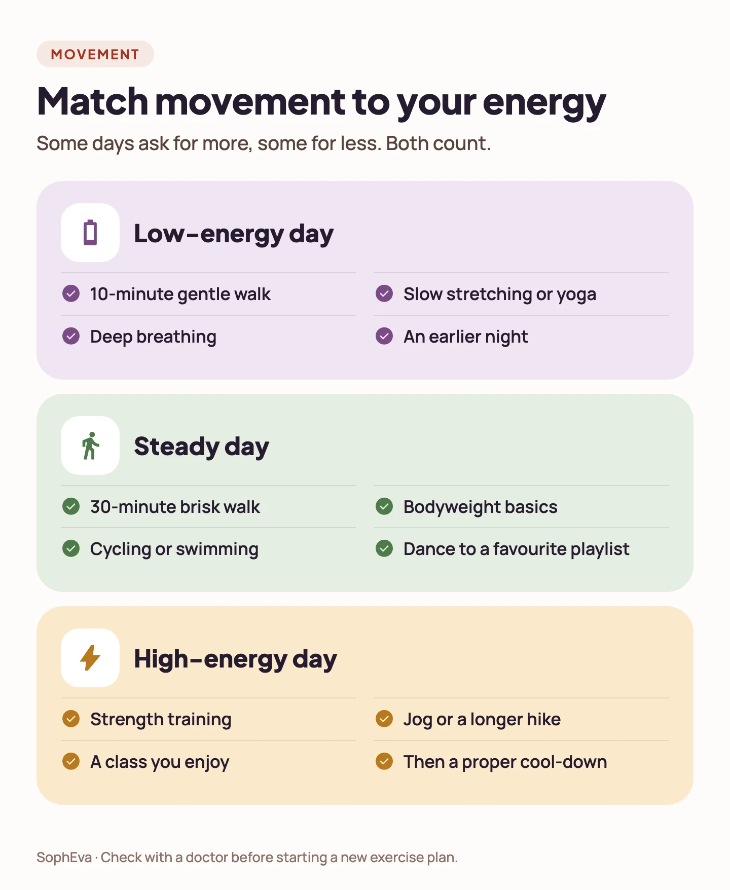 Movement ideas for low-energy, steady and high-energy days